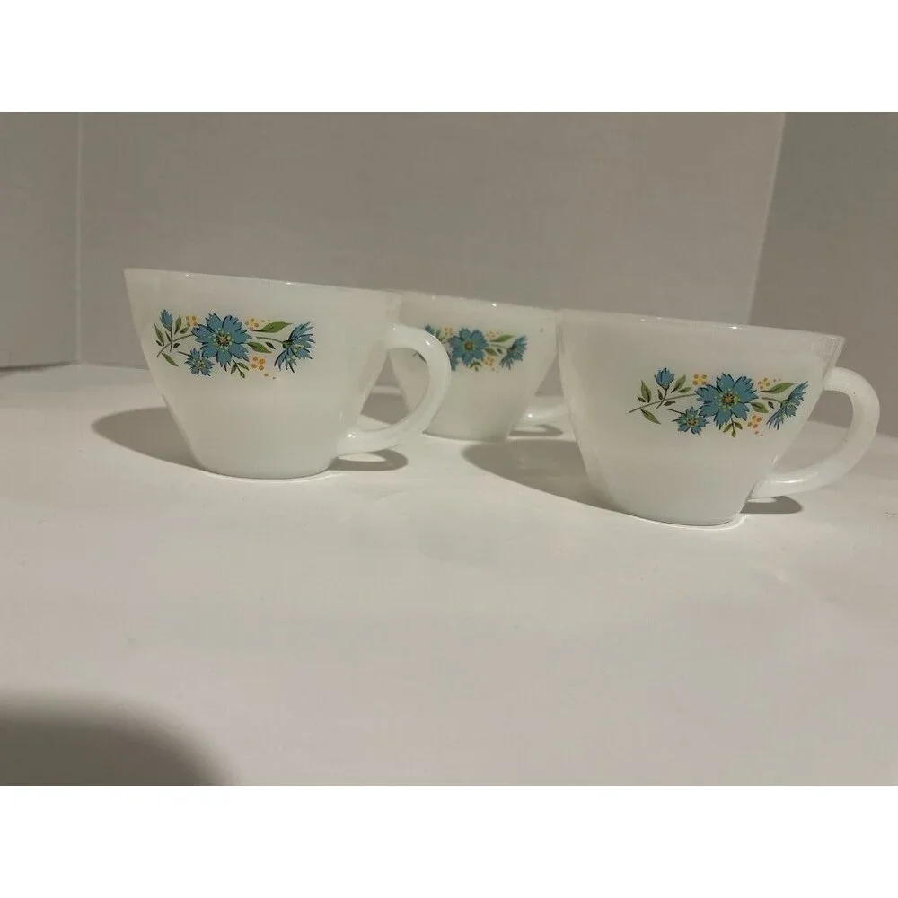 Vintage Fire King Milk Glass Coffee Tea Cup ~ Bonnie Blue Flower Carnation Set 3